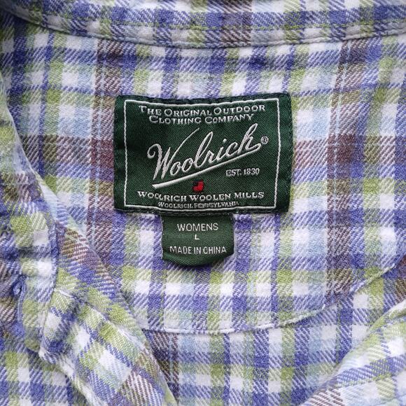 Woolrich Multi Flannel Blouse L purple green white plaid checks LS vtg Y2K warm - Picture 7 of 13